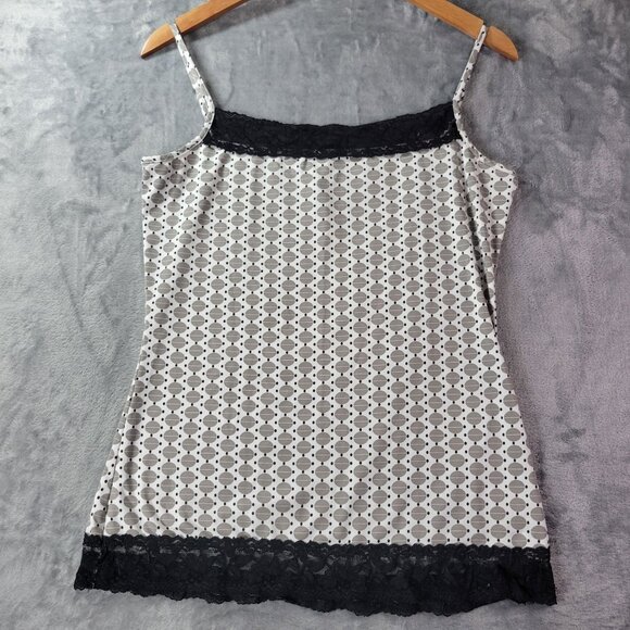 Geometric Print Lace Trim Cami Top Womens Black White Sleeveless Stretch Y2K - Picture 1 of 9